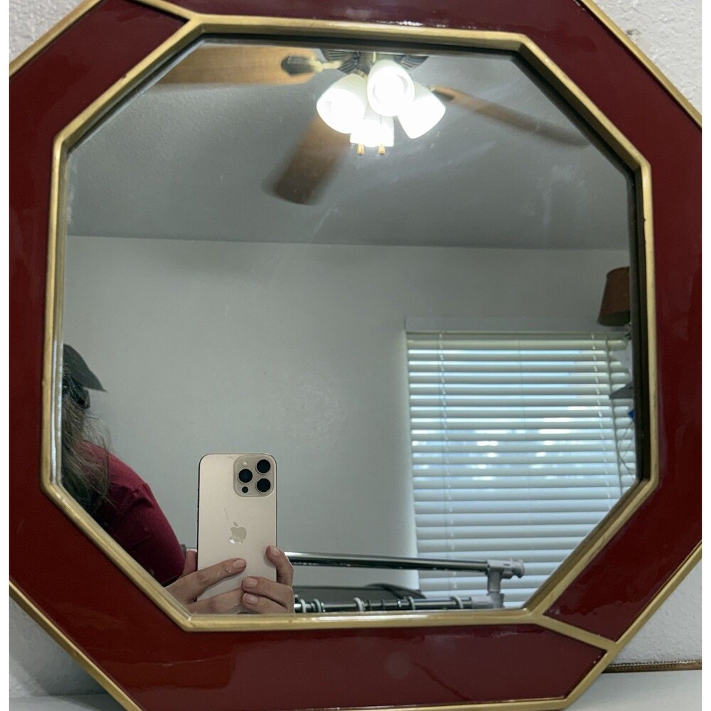 Nate Berkus La Rouse Designer Red Enamel Goldtone Octagon Wall Mirror Set MCM - Picture 4 of 14